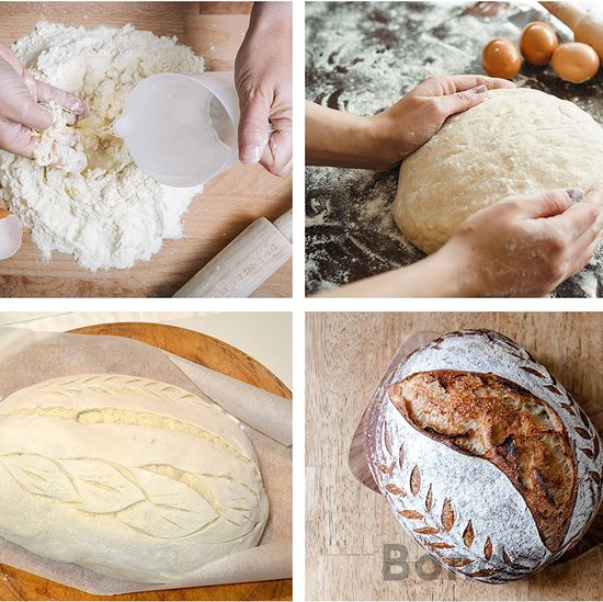 Collage van het bakproces, van het kneden van deeg tot het decoreren van een brood.
