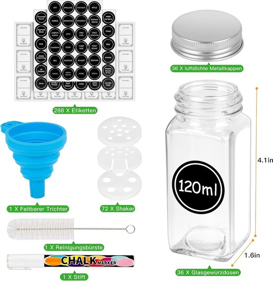 Miorkly Kruidenpotjes Set - Vierkant 120 Ml, Met Strooiinzetstuk, Roestvrij Stalen Deksel En Trechter