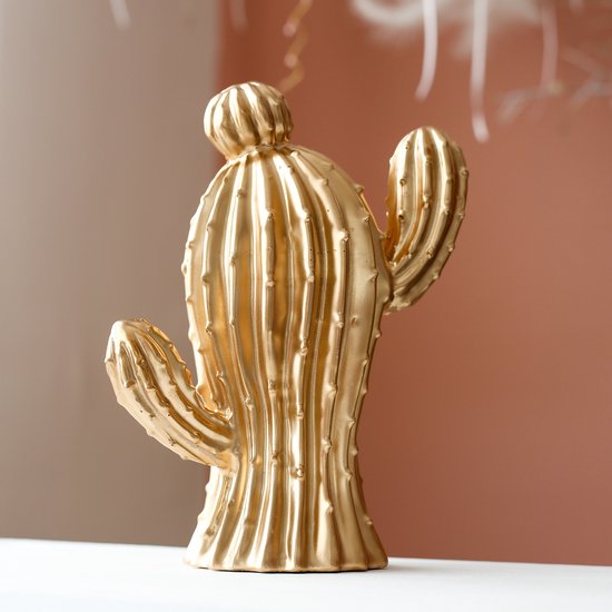 BEIGE & STONE - Uniek Stijlvol Gouden Cactus Vaas Decoratief Object - H25 x Ø12 cm cadeau geven