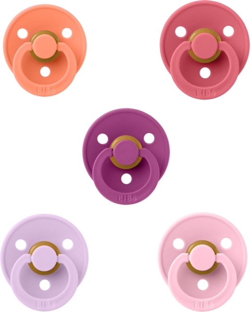 Goedkoopste Bibs fopspenen 0-6 maand set 5 stuks Papaya,Coral,Violet Sky,Baby Pink en Orchide maat 1