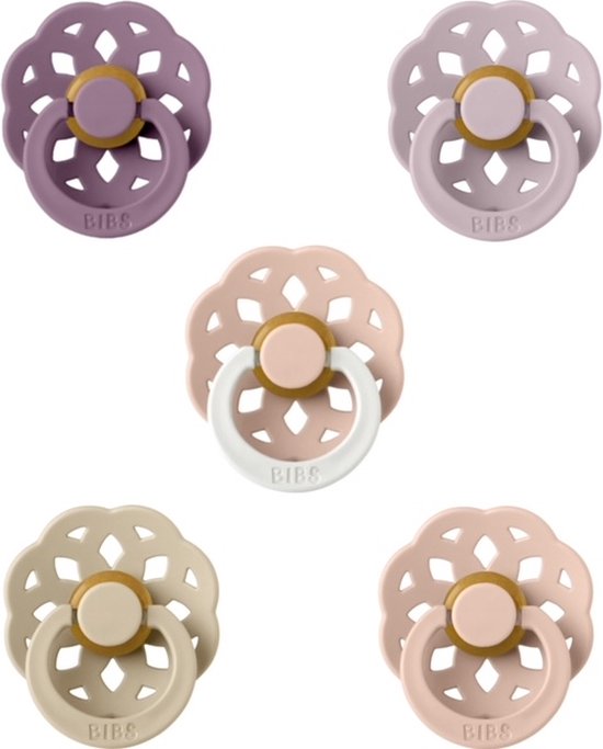 Bibs Boheme Fopspeen set 5 Dusky Lilac,Dusty Blue,Blush,Vanilla en Night Glow Blush 0-6 maanden maat 1 - 5 stuks