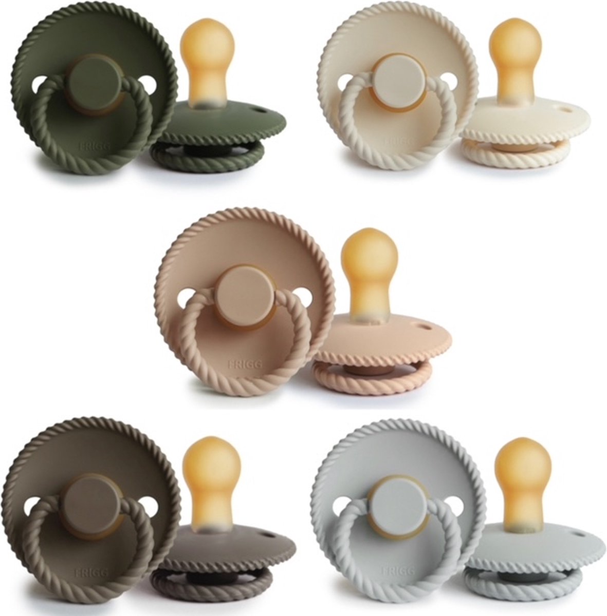 Goedkoopste FRIGG ROPE Fopspeen set 5 stuks Olive,Portobello,Cream,Croissant en Silver Gray 6-18 maand