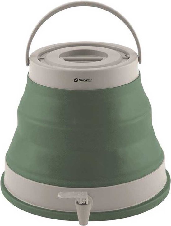Porte-eau pliable vert et gris avec poignée et robinet.