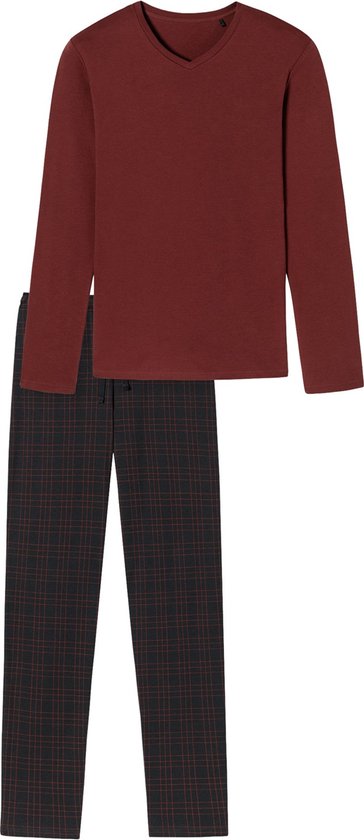 SCHIESSER Fine Interlock pyjamaset - heren pyjama lang interlock V-hals geruit terracotta - Maat: XXL