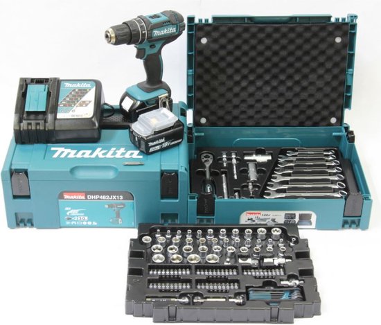 Makita Accuklopboormachine DHP482 Set - 18V met 2x 3.0Ah Accu's in Makpac Maat 2 + 120 Accessoires