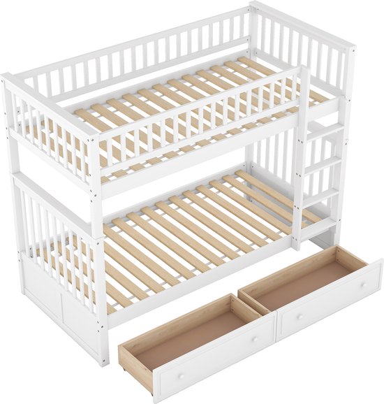 Merax Stapelbed 90x200 cm - Bed voor 2 Personen - Kinderbed met Opbergruimte - Wit