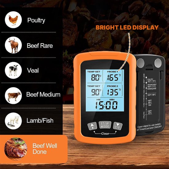 Thermomètre de cuisine, thermomètre de cuisson numérique avec 2 sondes,  réglage d'alarme, étanche, thermomètre de cuisson à lecture instantanée,  noir
