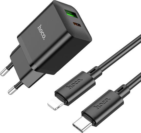 Foto: Hoco oplader geschikt voor apple iphone 7 iphone 8 lightning kabel naar type c 1 meter dual stekker n28 snel lader usb c to lightning 20w qc3 0 zwart