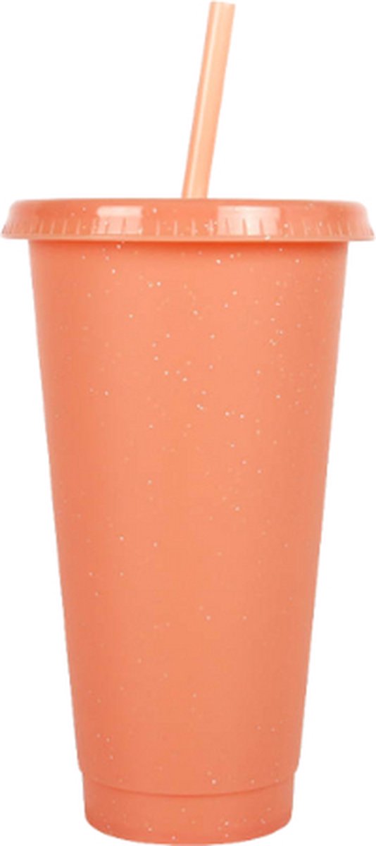Brash - Drinkbeker - To go drinkfles - Glitter Drinkfles - Starbucks drinkbeker look a like - Drinkfles met deksel en rietje - 710ML - Glitter Oranje