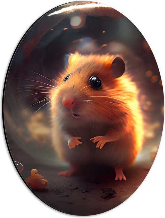 Dibond Ovaal - Hamster staat voor glazen bol met oranje gloed op zijn vacht - 30x40 cm Foto op Ovaal (Met Ophangsysteem)
