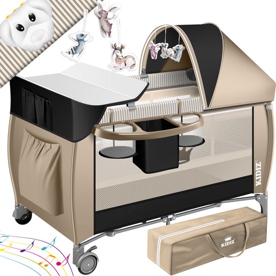 KIDIZ® Campingbedje Reisbedje Reiswieg Babybedje 3 in 1 Combi Set Ledikant met Verschoningsmatje Klamboe Kinderbox Baby vanaf de geboorte tot 15 kg Luchtige zijwanden met zijingang Opvouwbare Draagtas - Zwart / Beige
