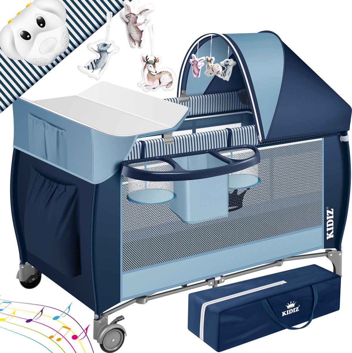 KIDIZ® Campingbedje Reisbedje Reiswieg Babybedje 3 in 1 Combi Set Ledikant met Verschoningsmatje Klamboe Kinderbox Baby vanaf de geboorte tot 15 kg Luchtige zijwanden met zijingang Opvouwbare Draagtas - Blauw