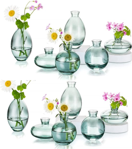 Glazen vaas voor bruiloft, tafeldecoratie, 12 stuks, kleine ronde vazenset, groen, ovaal, glazen vaas voor tulpen, bloem, roos, decoratie, doorzichtige bloemenvaas voor woondecoratie