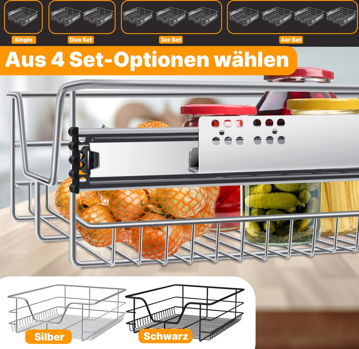 Uisebrt - 4 x keukenlade, telescopische lade, 40 cm, slaapkamerlade, organizer, volledig uittrekbaar, 20 kg belastbaar