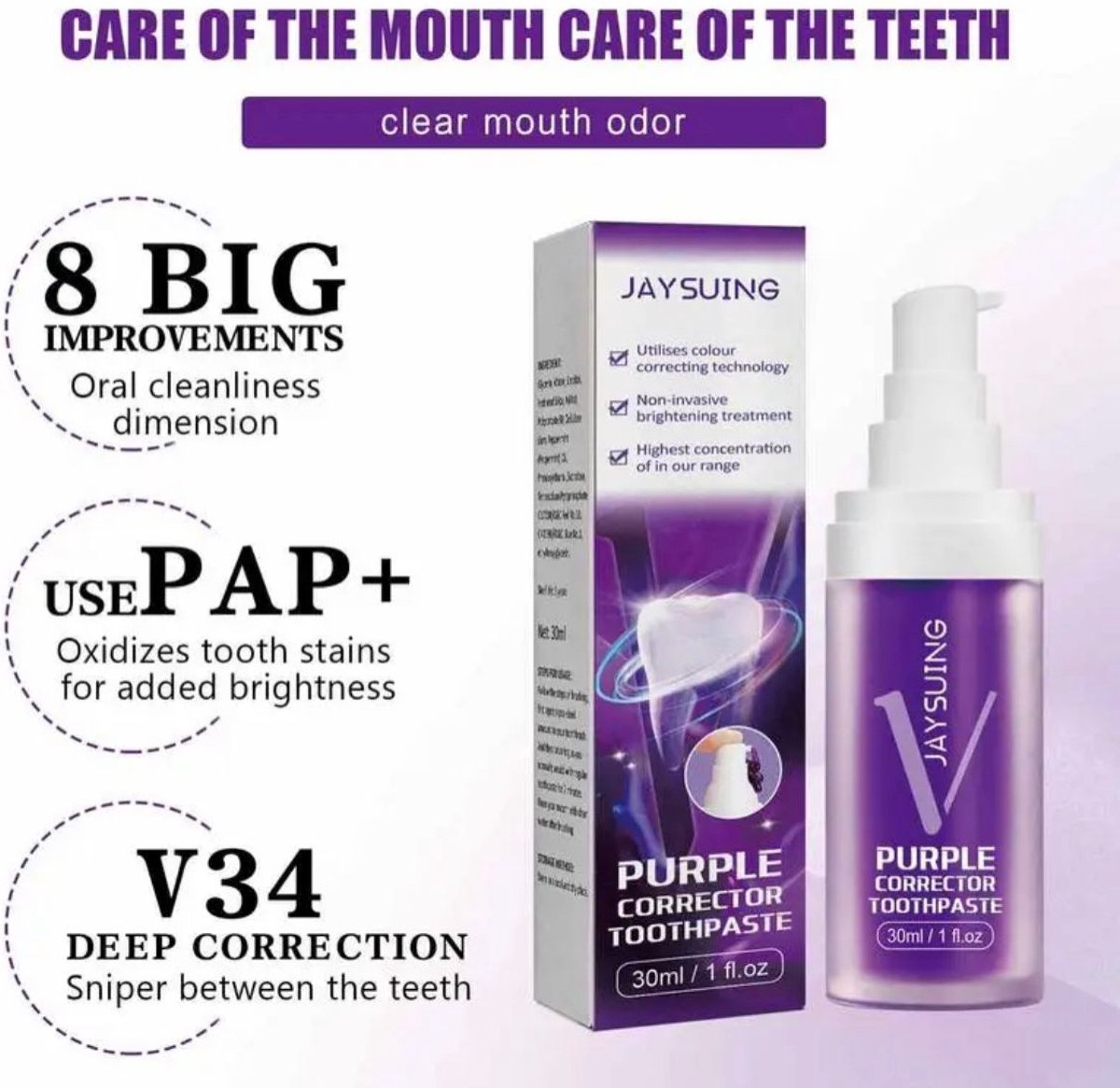 Jaysuing Paarse Tandpasta color corrector V34 whitening purple toothpaste 30ml
