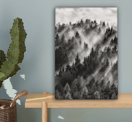 Peinture sur toile - Arbres - Brouillard - Forêt - Paysage - Peintures sur toile - 20x30 cm - Photo sur toile - Canvasdoek
