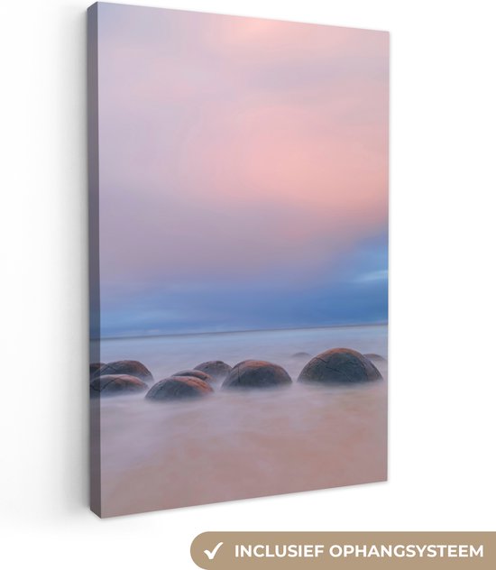 Canvas schilderij - Foto op canvas - Steen - Zee - Wolken - Pastel - Muurdecoratie - 60x90 cm - Canvasdoek
