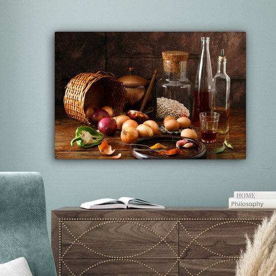 Canvas schilderij - Foto op doek - Groente - Eieren - Kruiden - Eten - Stilleven - Muurdecoratie - 60x40 cm - Canvas doek
