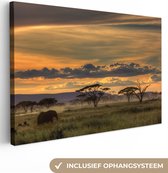 Canvas - Wanddecoratie - Olifant - Landschap - Afrika - Zonsondergang - 90x60 cm - Canvas doek - Schilderij