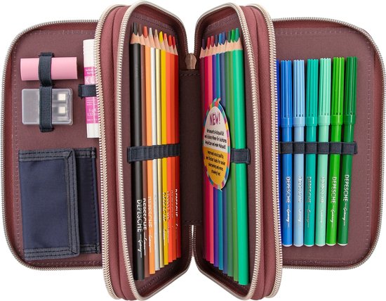 Trousse à Crayons Miss Melody 3 Compartiments - Remplie Crayons/Ciseaux/Gomme - Motif Chevaux