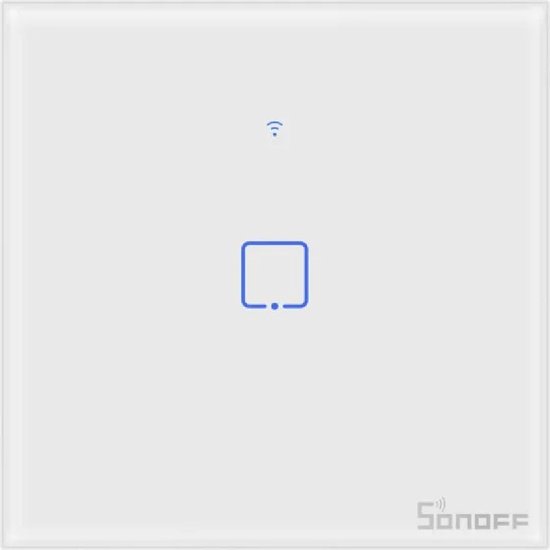 Witte Sonoff T0 EU TX smart switch met glazen voorkant, blauw Wi-Fi en aan/uit symbool.