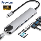 USB-C Hub - HDMI - Micro-SD - Ethernet - USB 3.0 - USB splitter Dock - Docking Station - 8 poorten - Grijs - Provium