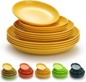 Kunststof borden, 12 stuks, dessertborden, onbreekbaar, herbruikbaar, magnetronbestendig, BPA-vrij, vaatwasmachinebestendig (goudgeel)
