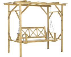 Outsunny schommelstoel met pergola, 2-zits tuinschommel, weerbestendige schommelbank voor tuin, balkon, massief hout, naturel, 221 x 140 x 196 cm