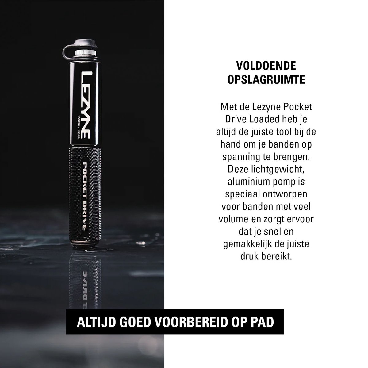 Lezyne Pocket Drive Loaded - Handpomp - Fietspomp - Tot 11 bar - ABS Flex Hose - Presta, Dunlop en Schrader ventielen - Aluminium - Zwart