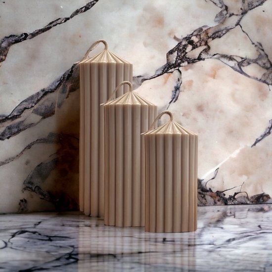 Gente Collection - stompkaars set van 3 - ribbel - beige - cadeau - interieur
