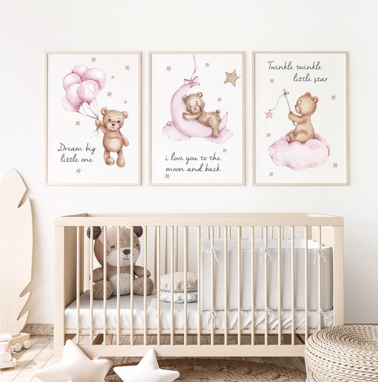 Babykamer posters set 3 stuks (zonder frame) - 50x70 cm Kinderkamer decoratie - Teddy beer met ballon sterren - Kinder poster - Roze