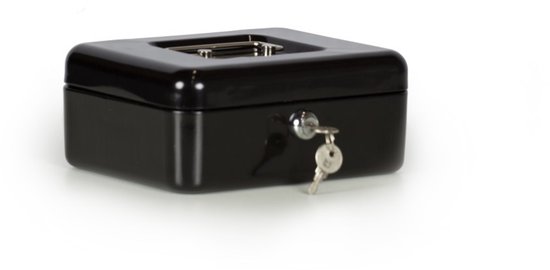 Zwart compact geldkistje van Securata met een sleutel.