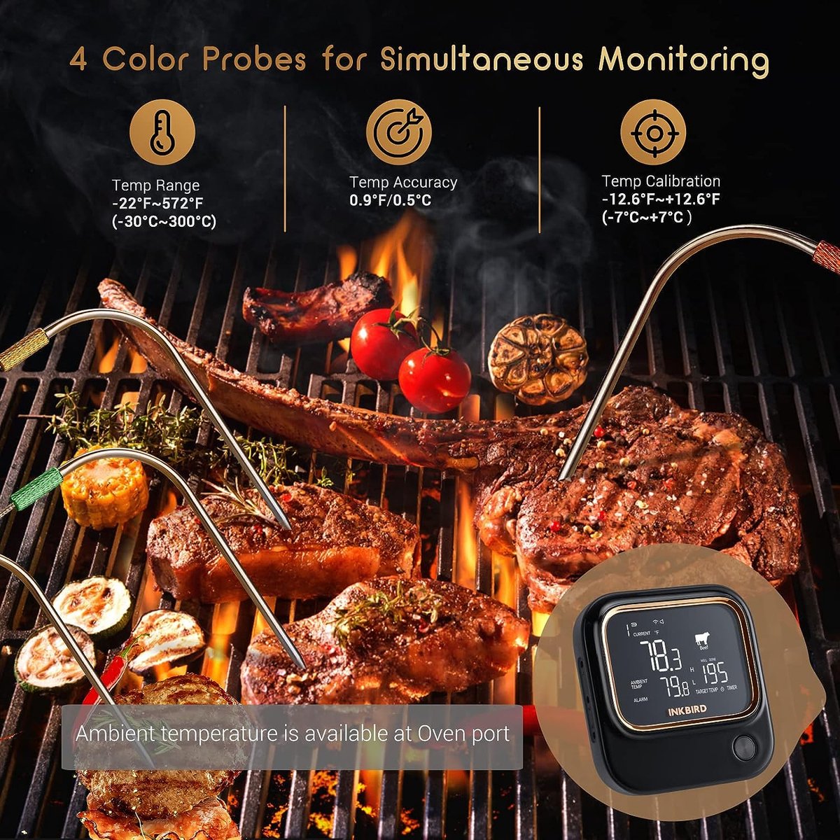 Thermomètre de barbecue Inkbird, thermomètres à viande Bluetooth IBT-4XS,  thermomètre de barbecue Bluetooth sans fil de 150 pieds, thermomètre à viande  sans fil avec thermomètre à 4 sondes 