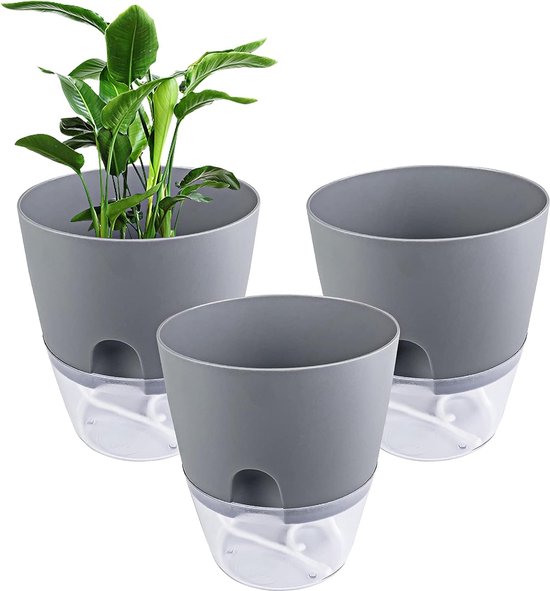 3 pièces pot de fleurs gris 15,3 cm de large, pot d'herbes en plastique  avec arrosage