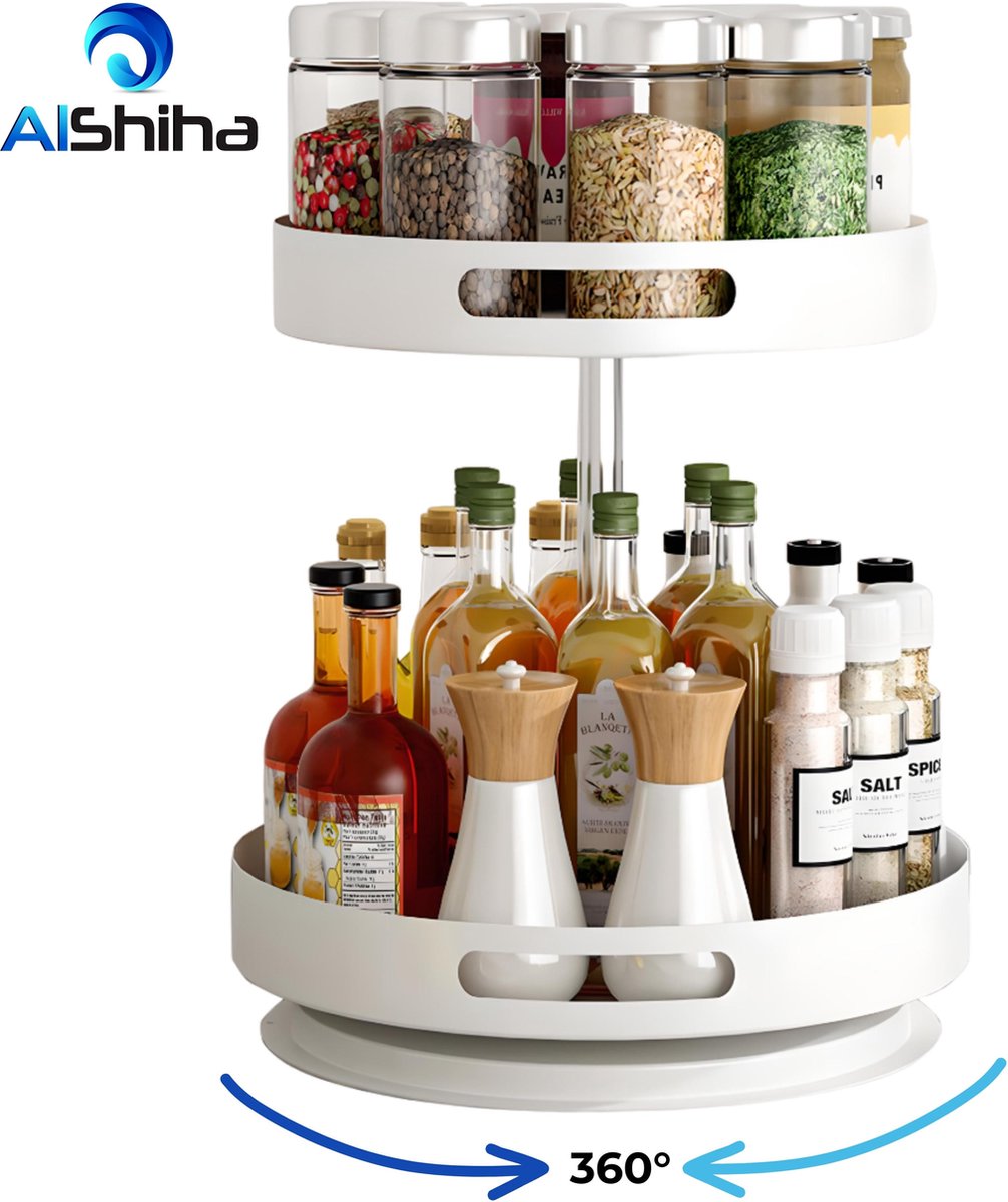 AlShiha® Draaiplateau - Opbergrek Kruidenrek - Draaischijf - Aanrecht organiser - 2Lagen - Kruiden Organizer - Badkamer - Make-Up Organizer – Zwart – 360° Roteerbaar
