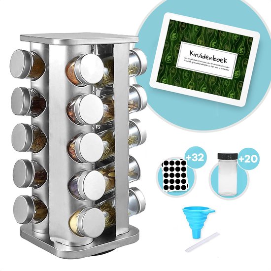 LuZana® Draaibaar Kruidenrek -RVS- Staand met Potjes - 20 Kruidenpotjes met Strooideksel – Incl. Labels, Krijtstift en Trechter - + GRATIS KRUIDENBOEK