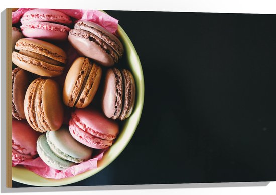 Hout - Macarons - Bakje - Smaken - Kleuren - 90x60 cm - 9 mm dik - Foto op Hout (Met Ophangsysteem)