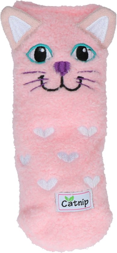 Roze kattenknuffel met blauwe ogen, paarse neus, witte snorharen en hartjesprint. Label 'Catnip'.