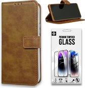 Casemania Hoesje Geschikt voor Apple iPhone 15 Plus Bruin & Glazen Screenprotector - Portemonnee Book Case - Kaarthouder & Magneetlipje