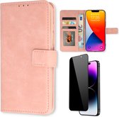 Casemania Hoesje Geschikt voor Apple iPhone 15 Pro Baby Roze & Privacy Screenprotector- Portemonnee Book Case - Kaarthouder & Magneetlipje