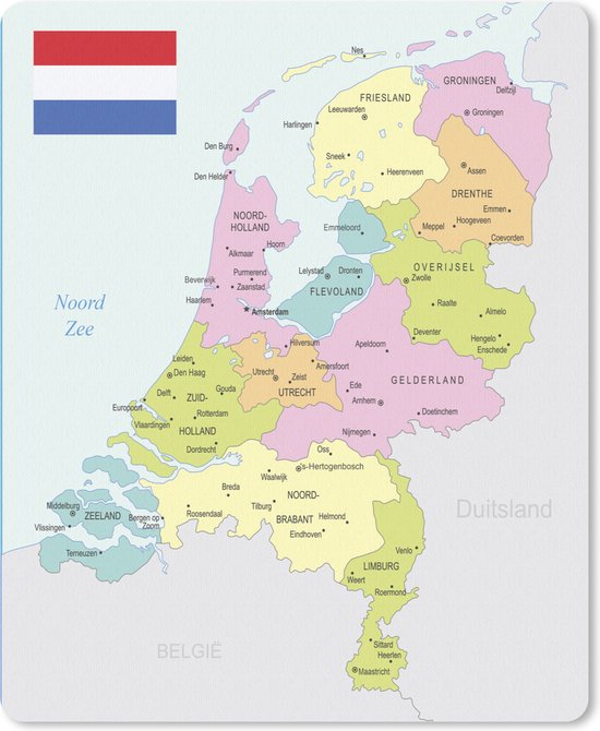 Muismat Kaart Nederland - Pastel gekleurde kaart van Nederland muismat rubber - 19x23 cm - Muismat met foto
