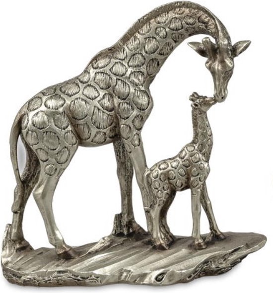 Giraf - met kind - Polyserin - Antiek Zilver - 17x17x7cm - Beeld - Decoratie