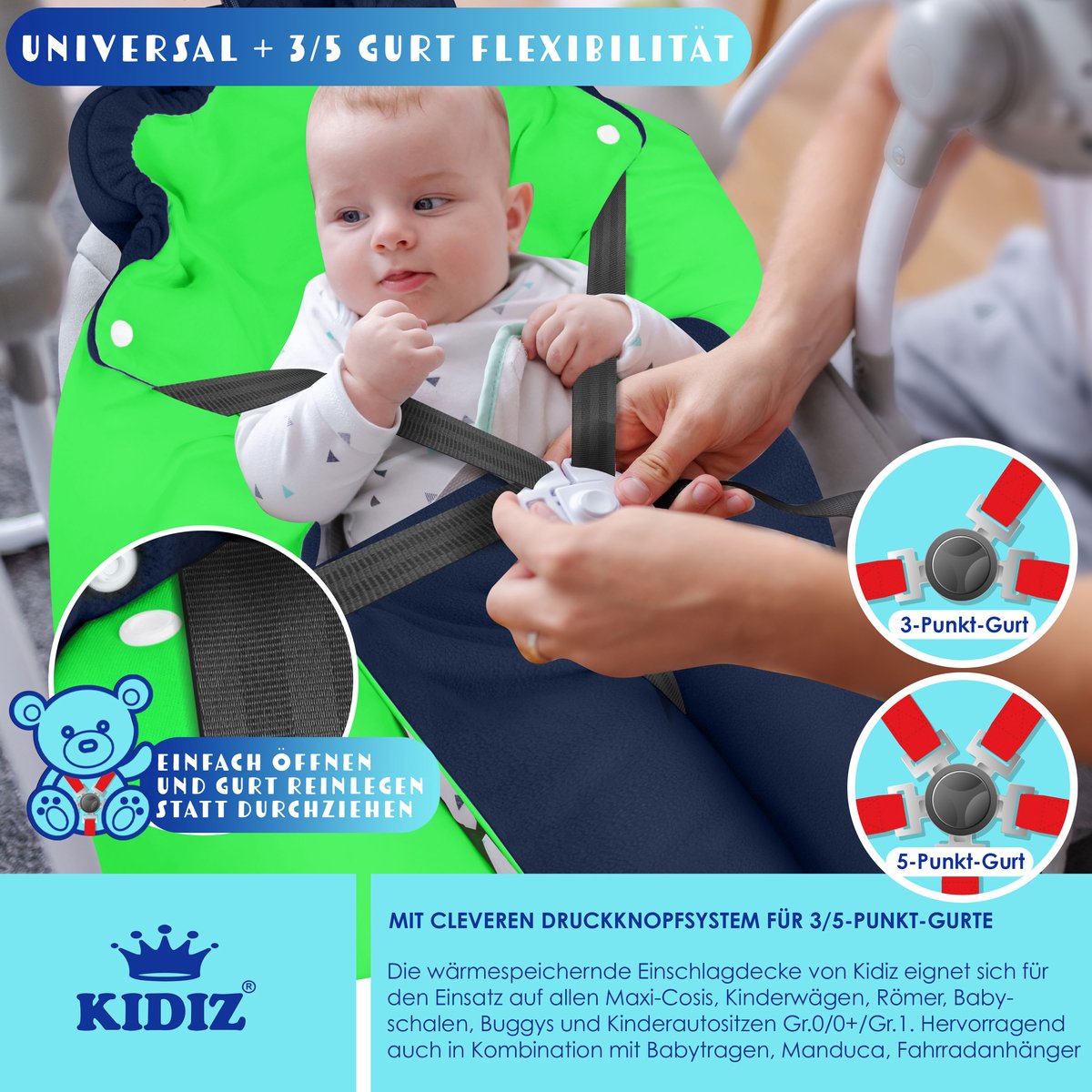 KIDIZ® Baby Slaapzak voor Buggy Voetenzak voor Autostoeltje & Wandelwagen Babyschaal, voor Winter met Kap + Babyslaapzak Deken voor Maxi-Cosi & Kinderwagen alle Gordelsystemen 3 & 5-Puntsgordel - Marineblauw / Groen – foto 2