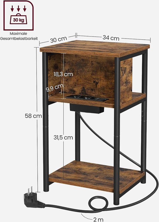 VASAGLE Bijzettafel, nachtkastje met stopcontact, smal, met USB-poorten, tas, voor woonkamer, slaapkamer, LET311B56, zwart met houtnerf