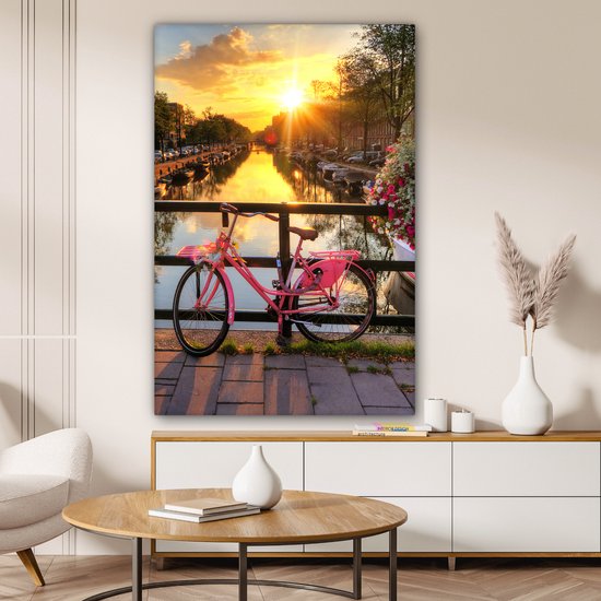Peinture sur toile Amsterdam - Canal - Coucher de soleil - Fleurs - Vélo - 80x120 cm - Décoration murale
