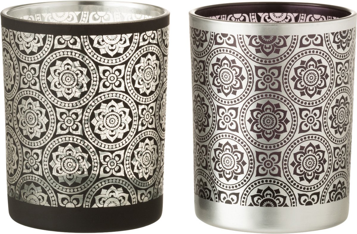 J-Line Set van 2Theelichthouders / Waxinelichtjeshouder / Windlicht - Zwart / Zilver / Grijs - 10 x 10 x 12 cm hoog (per stuk).