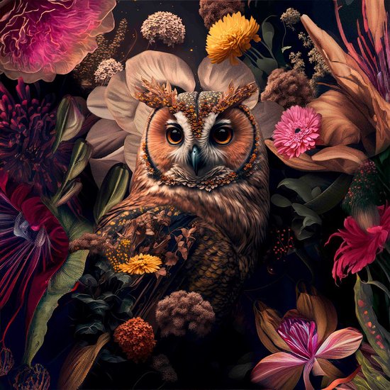 The Owl - 120cm x 120cm - Fotokunst op akoestisch schilderij | Wanddecoratie