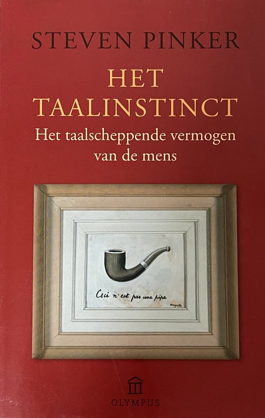 Boek 'Het Taalinstinct' van Steven Pinker, met een afbeelding van een pijp en de tekst 'Ceci n'est pas une pipe'.