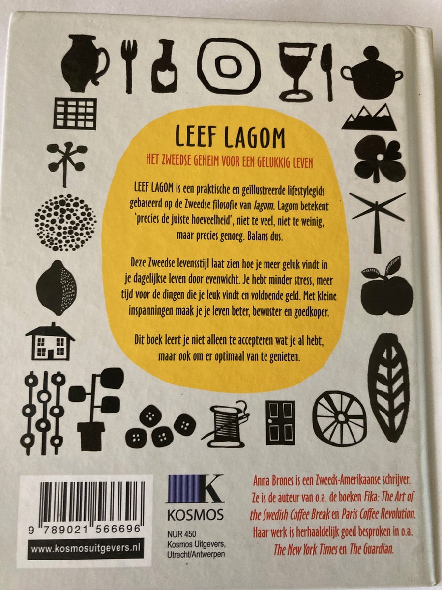 Boekomslag met Zweedse illustraties, LEFF LAGOM tekst in geel ovaal, ISBN en uitgeversinfo.