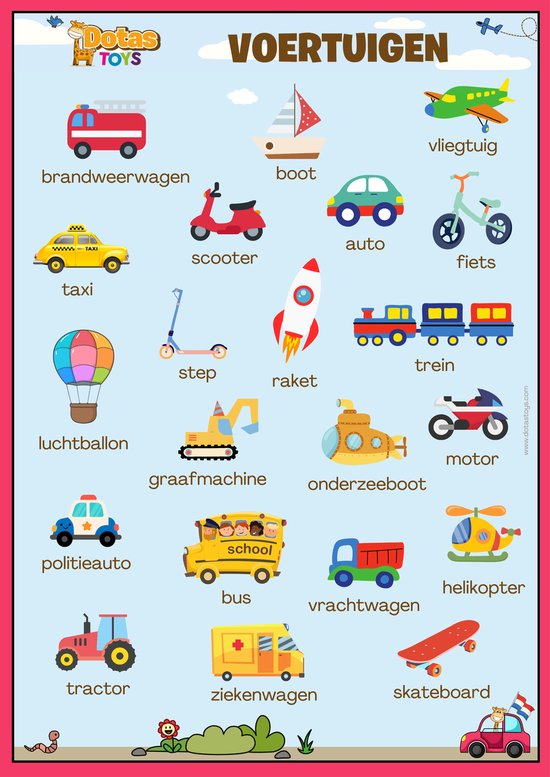 Dotastoys Kinderposter Namen Voertuigen Poster kinderkamer Decoratie - Auto, Vliegtuig, Tractor Posters Kinderen